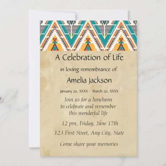 Memorial Photo Invite Boho Tribal Native Design Kaart (Achterkant)