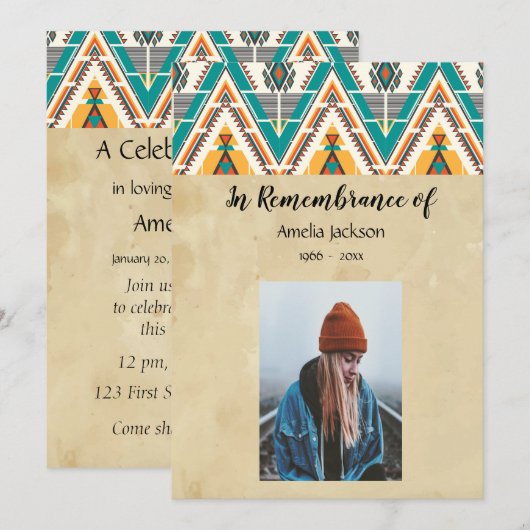 Memorial Photo Invite Boho Tribal Native Design Kaart (Voorkant / Achterkant)