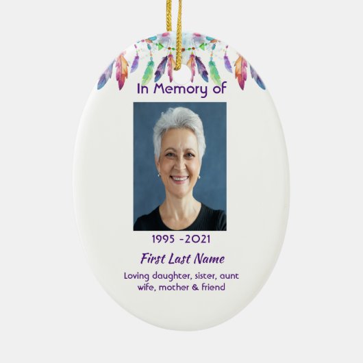 Memorial Photo Prayer Feathers Boho Tribal Native Keramisch Ornament (Achterkant)