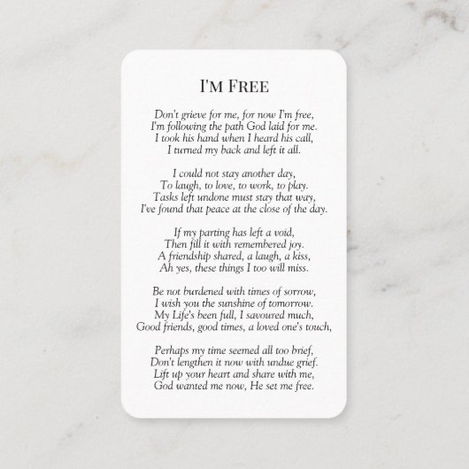 Memorial Photo Prayer Kaart - Ik ben vrij Visitekaartje (Achterkant)