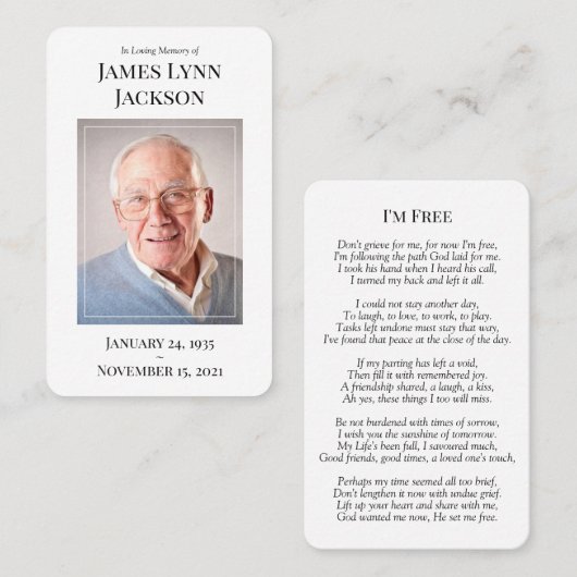 Memorial Photo Prayer Kaart - Ik ben vrij Visitekaartje (Voorkant / Achterkant)