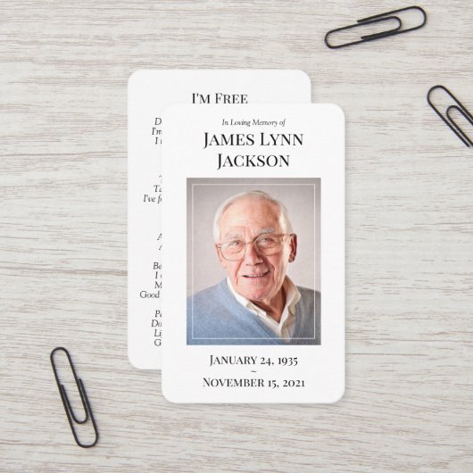 Memorial Photo Prayer Kaart - Ik ben vrij Visitekaartje (Voorkant / Achterkant in situ)