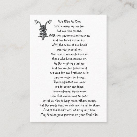 Memorial Photo Prayer Motorcycle Biker Visitekaartje (Voorkant)