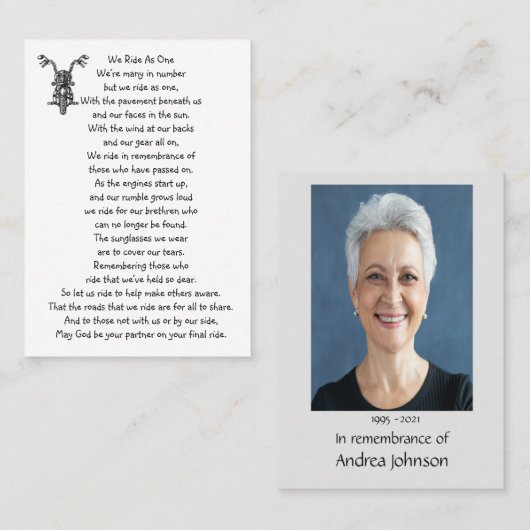 Memorial Photo Prayer Motorcycle Biker Visitekaartje (Voorkant / Achterkant)