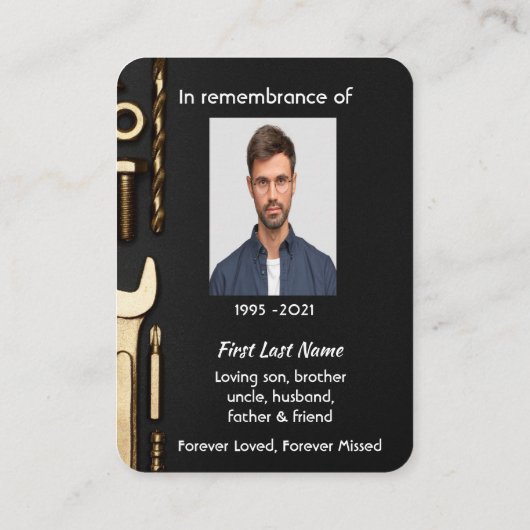 Memorial Photo Prayer Tools Mechanic Visitekaartje (Achterkant)