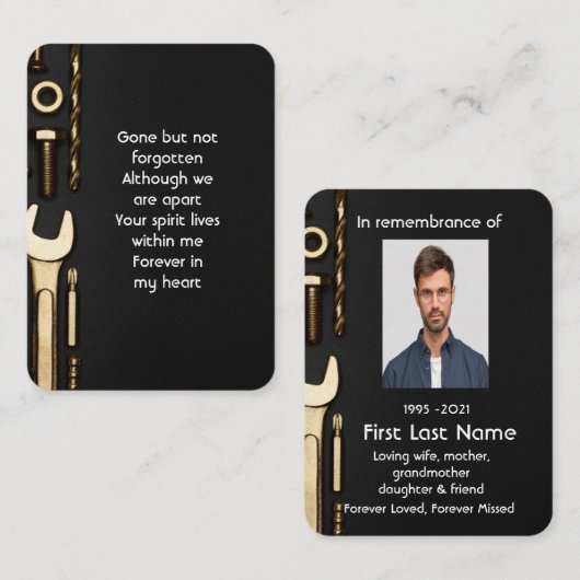 Memorial Photo Prayer Tools Mechanic Visitekaartje (Voorkant / Achterkant)