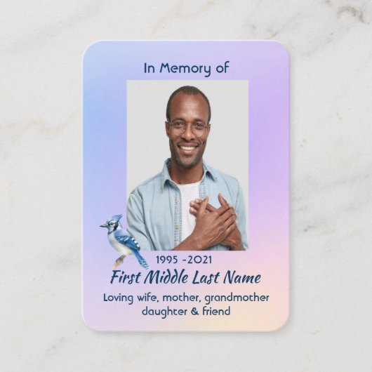 Memorial Photo Prayer Watercolor Bluejay  Visitekaartje (Voorkant)