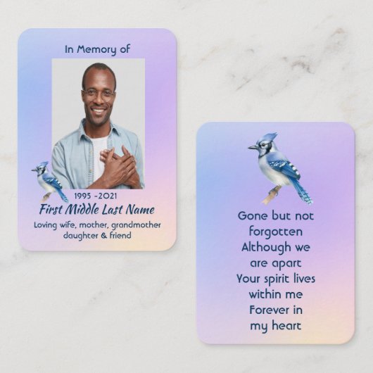 Memorial Photo Prayer Watercolor Bluejay  Visitekaartje (Voorkant / Achterkant)