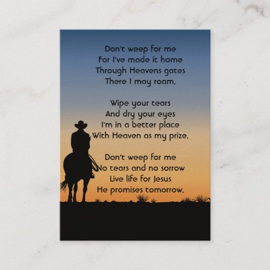 Memorial Photo Prayer Western paard Riding B Visitekaartje (Voorkant)