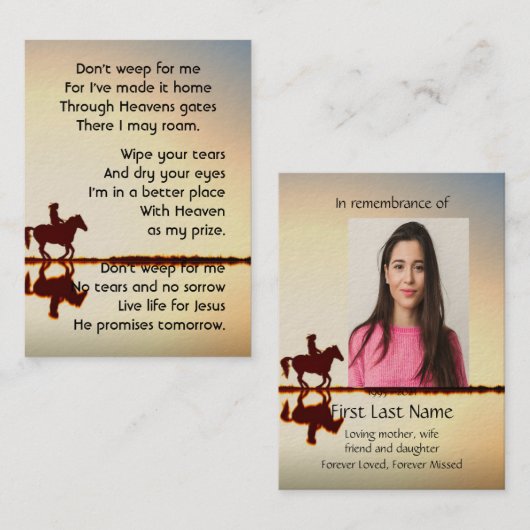 Memorial Photo Prayer Western paard Riding B Visitekaartje (Voorkant / Achterkant)