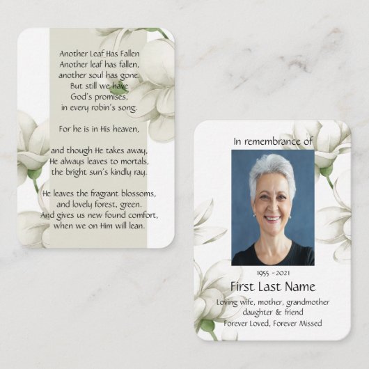 Memorial Photo Prayer White Flower Poem Christelij Visitekaartje (Voorkant / Achterkant)