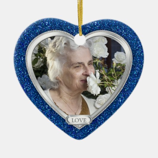 Memorial Photo Royal Blue Zilveren Hart Kerstmis Keramisch Ornament (Voorkant)