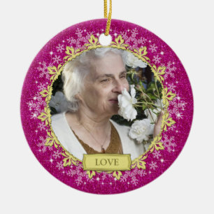 Memorial Photo Roze Sneeuwvlokken Kerstmis Keramisch Ornament