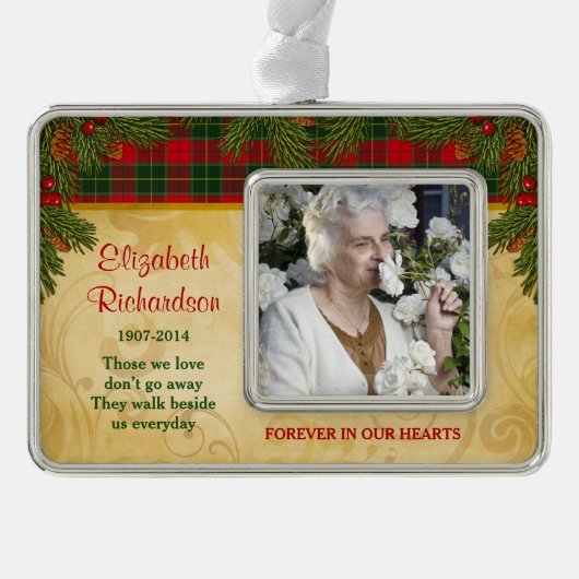 Memorial Photo Template Christmas Tartan Pine Verzilverd Omlijst Ornament (Voorkant)