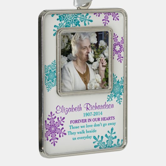Memorial Photo Template Kerst Paarse Blauwgroen Verzilverd Omlijst Ornament (Rechts)