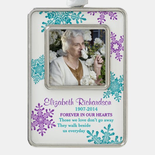 Memorial Photo Template Kerst Paarse Blauwgroen Verzilverd Omlijst Ornament (Voorkant)