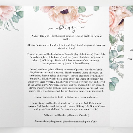 Memorial Pink Peony Waterverf Floral Drieluik Programma (Binnenkant midden)