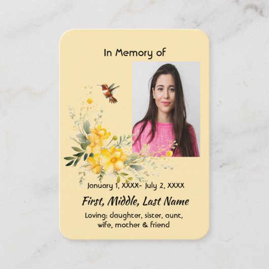 Memorial Pocket Kaart Hummingbird Yellow Roses Visitekaartje (Voorkant)
