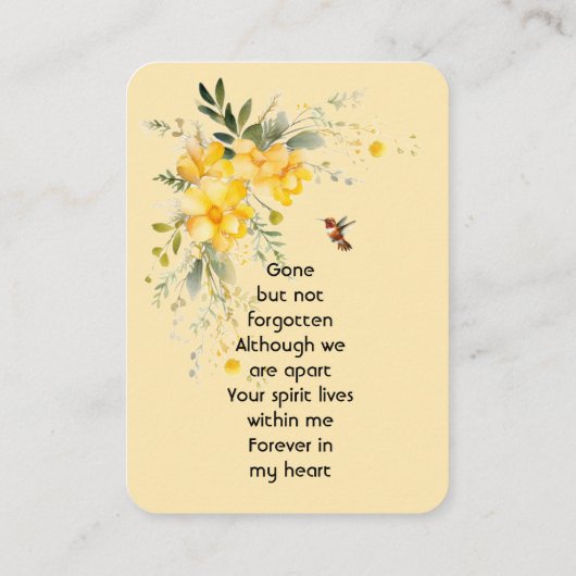 Memorial Pocket Kaart Hummingbird Yellow Roses Visitekaartje (Achterkant)