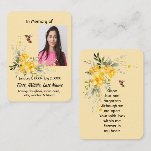 Memorial Pocket Kaart Hummingbird Yellow Roses Visitekaartje (Voorkant / Achterkant)