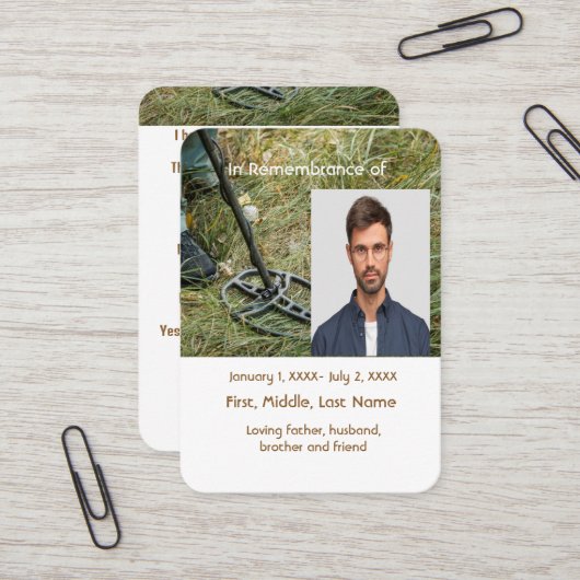 Memorial Pocket Kaart Metaal detecteren Visitekaartje (Voorkant / Achterkant in situ)