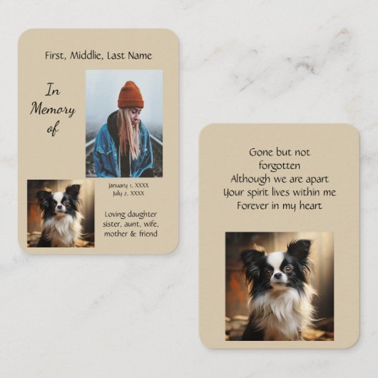 Memorial Pocket Keepsake Papillon Hond Visitekaartje (Voorkant / Achterkant)