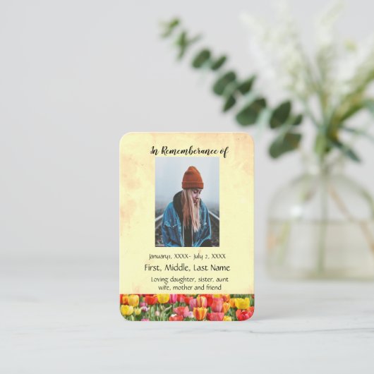 Memorial Pocket Keepsake Tulpen Tuin Bloemen Visitekaartje (Staand voorkant)