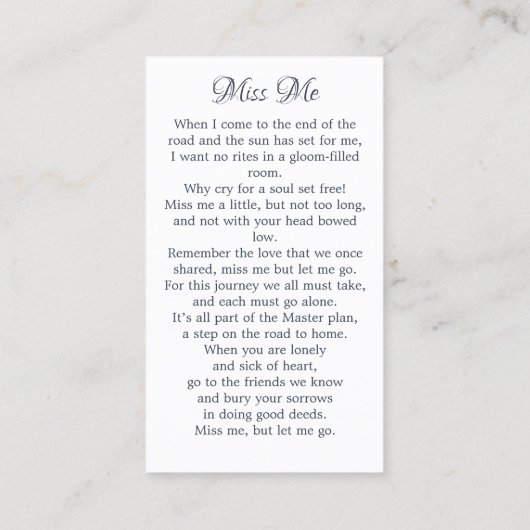 Memorial Poem Bird Flowers Funeral Prayer Kaart Contactkaartje (Achterkant)