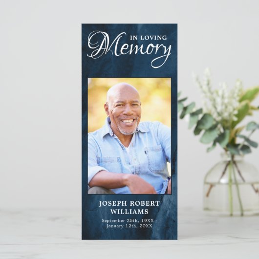 Memorial Prayer Kaart Funeral Bladwijzer Blue Phot (Staand voorkant)