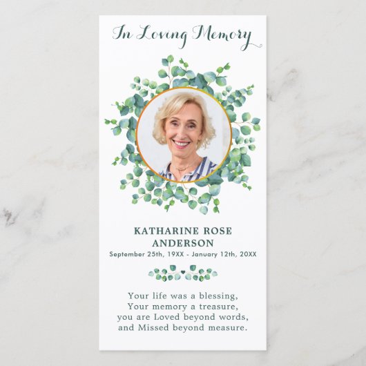 Memorial Prayer Kaart Funeral Bladwijzer Greenery (Voorkant)