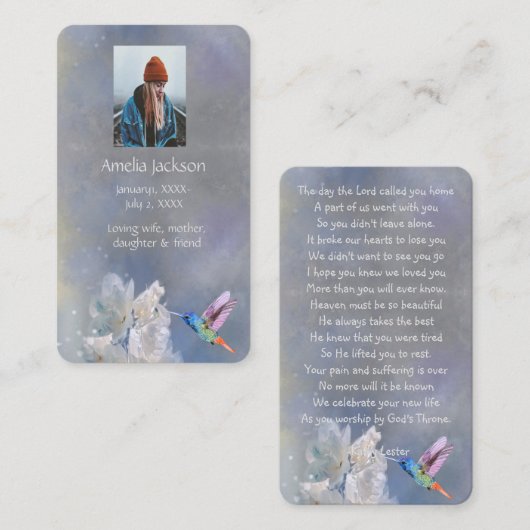 Memorial Prayer Kaart Hummingbird White Flowers Visitekaartje (Voorkant / Achterkant)