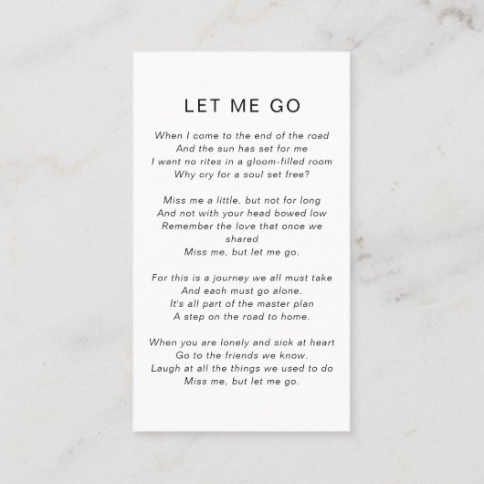 Memorial Prayer Kaart | In het liefdevol geheugen Contactkaartje (Achterkant)