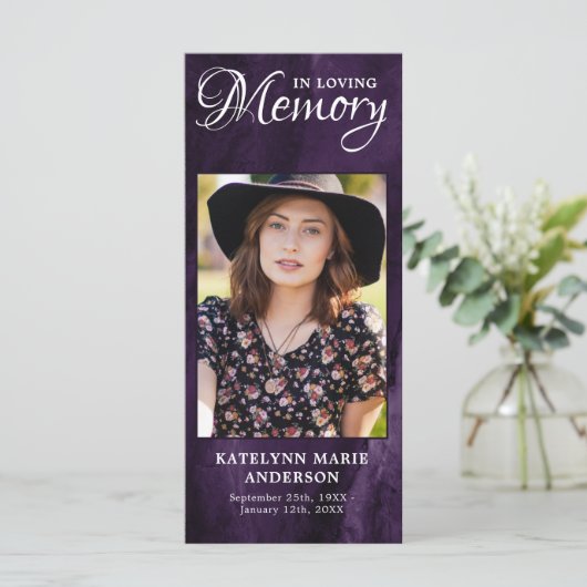 Memorial Prayer Kaart Paars Marble Funeral Foto (Staand voorkant)