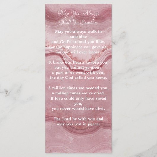 Memorial Prayer Kaart Roos Quartz Funeral Bladwijz (Achterkant)