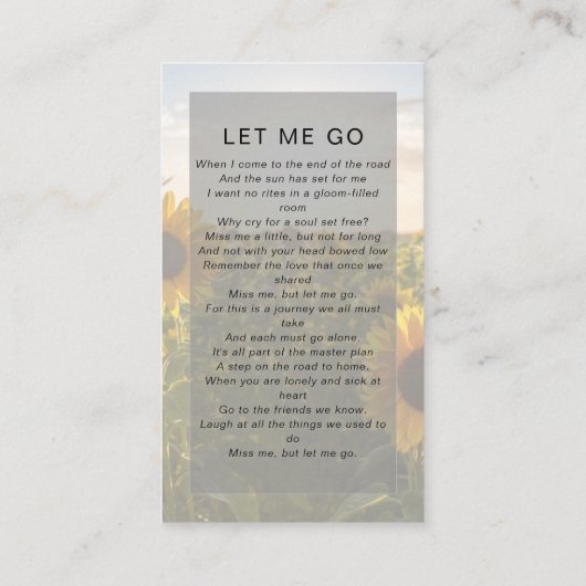 Memorial Prayer Kaart | Zonnebloemen Contactkaartje (Achterkant)