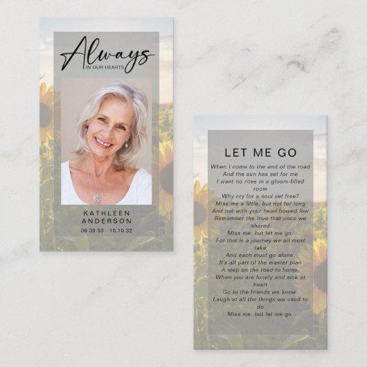 Memorial Prayer Kaart | Zonnebloemen Contactkaartje (Voorkant / Achterkant)