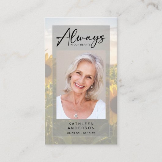 Memorial Prayer Kaart | Zonnebloemen Contactkaartje (Voorkant)