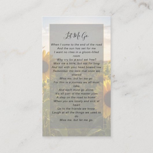 Memorial Prayer Kaart | Zonnebloemen Contactkaartje (Achterkant)