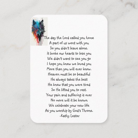 Memorial Prayer Wolf Natuur dier Visitekaartje (Achterkant)
