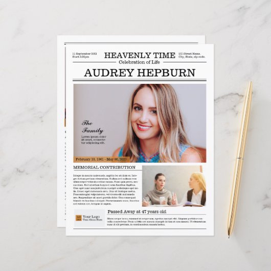 Memorial Programma Kranten Sjabloon (Voorkant / Achterkant in situ)