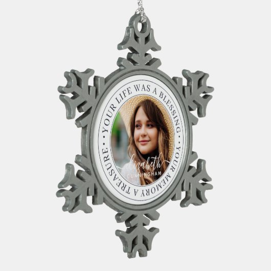 Memorial Quote Modern Elegant Chic Custom Photo Tin Sneeuwvlok Ornament (Links)