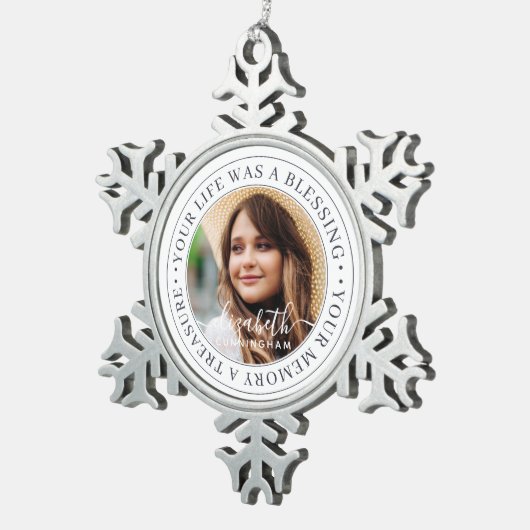 Memorial Quote Modern Elegant Chic Custom Photo Tin Sneeuwvlok Ornament (Rechts)