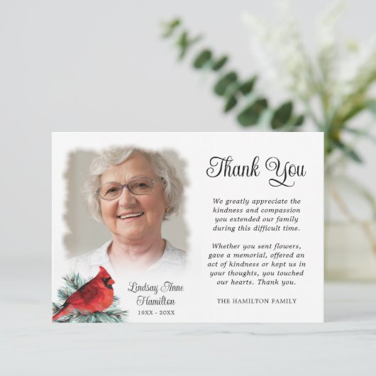 Memorial Rode Kardinaal Evergreen 2 foto's Dank u Bedankkaart (Staand voorkant)