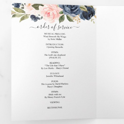 Memorial Roze Navy Waterverf Bloemen Begrafenis Drieluik Programma (Binnenzijde eerst)