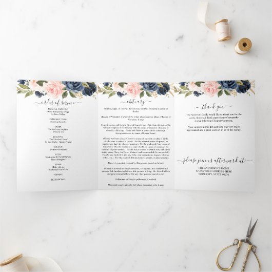 Memorial Roze Navy Waterverf Bloemen Begrafenis Drieluik Programma (Binnen)