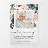 Memorial Roze Navy Waterverf Bloemen Begrafenis Drieluik Programma (Cover)