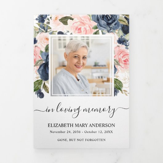 Memorial Roze Navy Waterverf Bloemen Begrafenis Drieluik Programma (Cover)