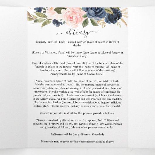 Memorial Roze Navy Waterverf Bloemen Begrafenis Drieluik Programma (Binnenkant midden)