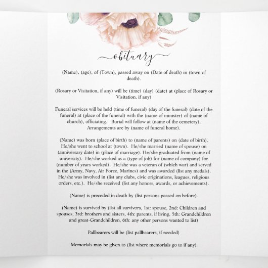 Memorial roze pioen Waterverf bloemenbegrafenis Drieluik Programma (Binnenkant midden)