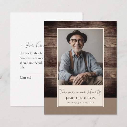 Memorial rustiek hout foto begrafenis aandenken kaart (Voorkant / Achterkant)